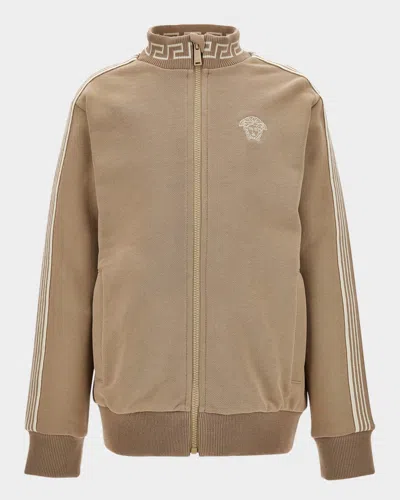 Versace Kids' Boy's Greca Embroidered Fleece Sweatshirt In Brown