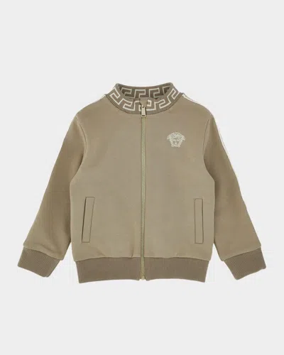 Versace Kids' Boy's Greca Embroidery Fleece Sweatshirt In Brown