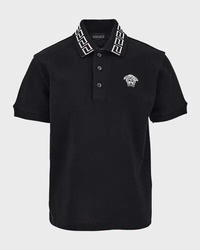 Versace Kids' Boy's Greca Trim Polo Shirt In Black/white