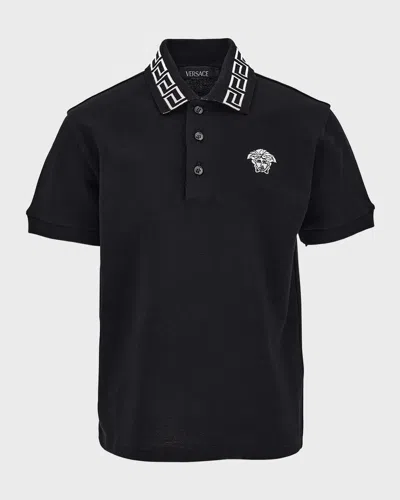 Versace Kids' Boy's Greca Trim Polo Shirt In Black