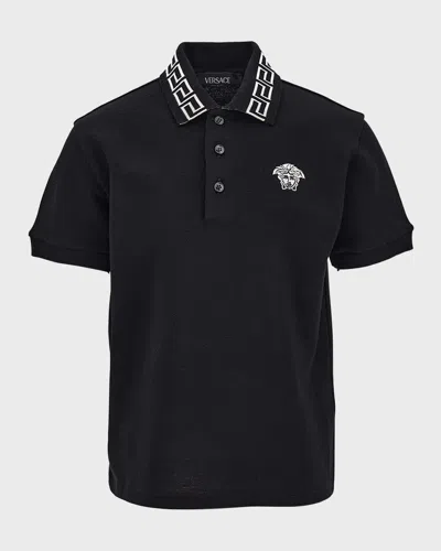 Versace Kids' Boy's Greca Trim Polo Shirt In Black/white