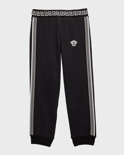 Versace Kids' Boy's Greca Trim Striped Joggers In Black/white