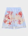 Versace Little Boy's & Boy's Barocco De La Mer Twill Silk Shorts In Blue Hydrangea Coral