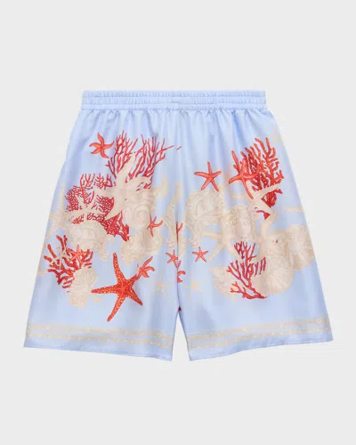Versace Kids' Boy's La Mer Barocco-trim Shorts In Blue Hydrangea Coral