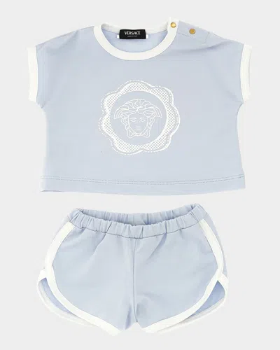 Versace Kids' Boy's Logo-print Fleece Top & Shorts Set In Blue