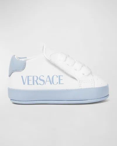 Versace Kids' Boy's Logo-print Leather Pre-walkers, Newborn-12m In White/baby Blue