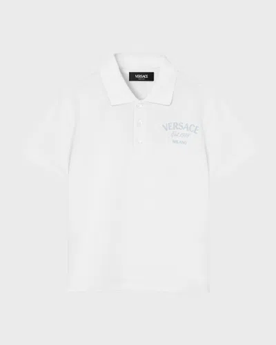 Versace Kids' Boy's Logo-print Polo Shirt In White/multicolor