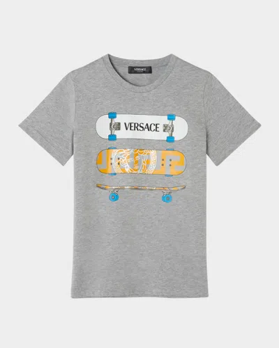 Versace Kids' Boy's Logo-print Skate Graphic T-shirt In Gray/melange/multi