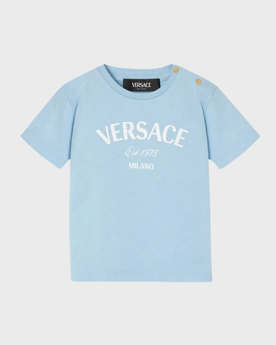 Versace Kids' Boy's Logo-print T-shirt In Pastel Blue