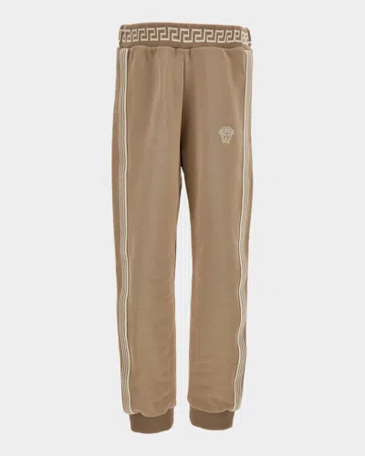 Versace Kids' Boy's Medusa-embroidered Greca Fleece Sweatpants In Brown