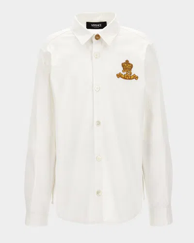 Versace Kids' Boy's Polo Piquet - Greca Outline Medusa Embroidery In White