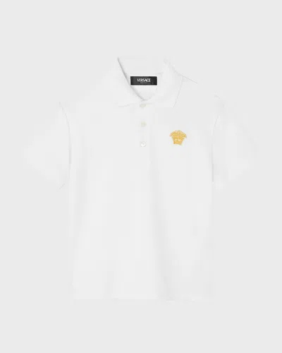 Versace Kids' Boy's Polo Shirt W/ Embroidered Medusa In White/gold