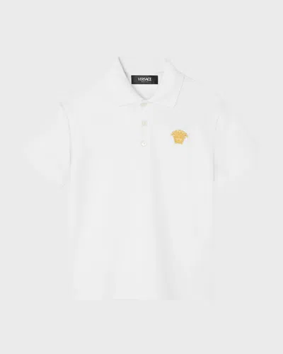 Versace Kids' Boy's Polo Shirt W/ Embroidered Medusa In White/gold