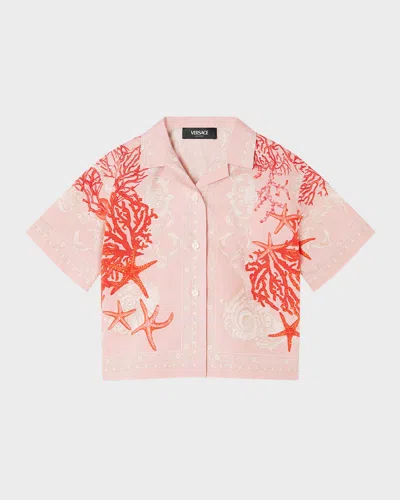 Versace Kids' Boy's Starfish Barocco-trim Button Down Shirt In Pink