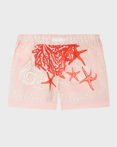 Versace Kids' Boy's Starfish-print Barocco-trim Shorts In Dusty Rose