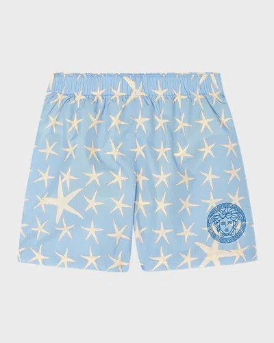 Versace Kids' Boy's Starfish-print Swim Shorts In Blue Hydrangea