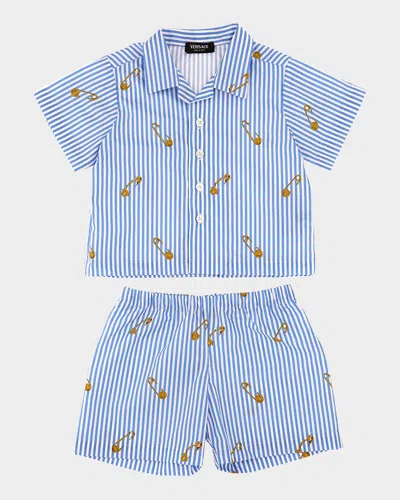 Versace Kids' Boy's Striped Medusa Pin Poplin Top & Bottom Set In Blue