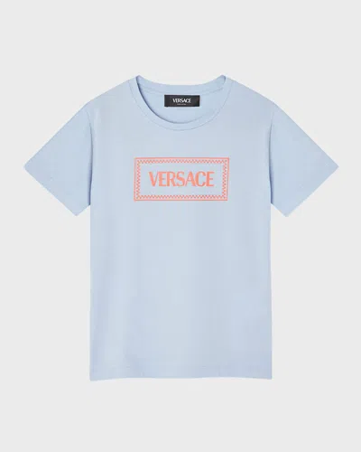 Versace Kids' Boy's Tile Logo-print T-shirt In Sky/coral