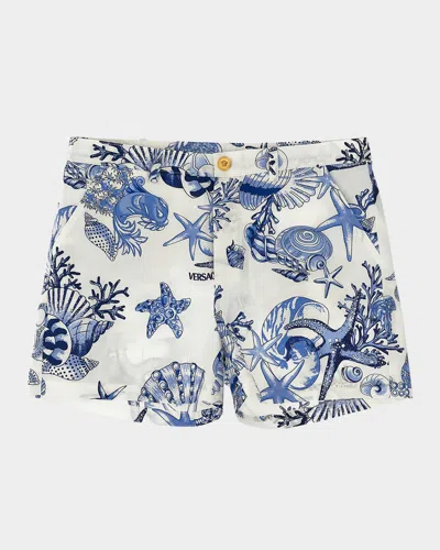 Versace Kids' Boy's Underwater Barocco Poplin Shorts In Blue