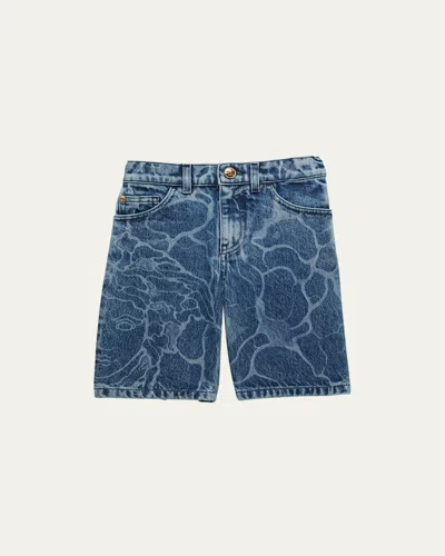 Versace Kids' Boy's Water Effect Denim Shorts In Blue