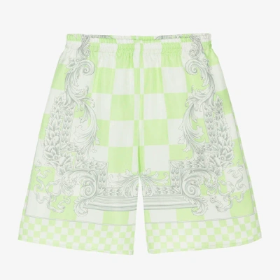 Versace Kids' Boys Green Barocco Silk Shorts In Mint White Silver