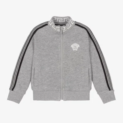 VERSACE BOYS GREY COTTON MEDUSA LOGO ZIP-UP TOP