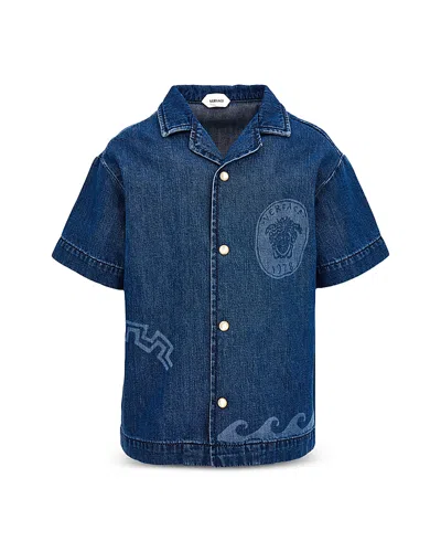 Versace Boys' Medusa Greek Medal Wave Denim Shirt - Little Kid, Big Kid In Blue