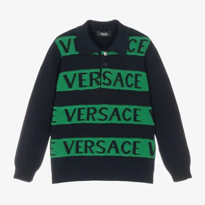 Versace Kids' Boys Navy Blue Colourblock Wool Sweater