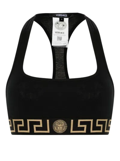Versace Black Sports Bra With Greca And Medusa Detail In Stretch Cotton