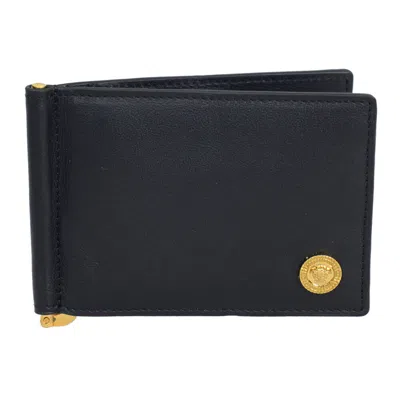 Pre-owned Versace Brand  Mens Black Leather Money Clip Bifold Wallet Dpu5978 1a03190