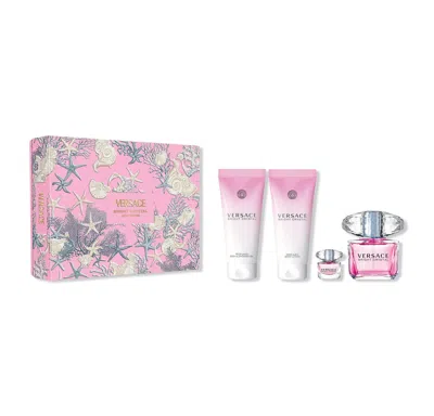Versace Bright Crystal 4 Pcs Set For Women: 3 oz Eau De Toilette Spray + 5 ml Eau De Toilette Mini +