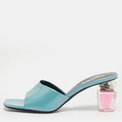 Pre-owned Versace Bright Crystal Size 39 Blue Patent Leather Slide Sandals