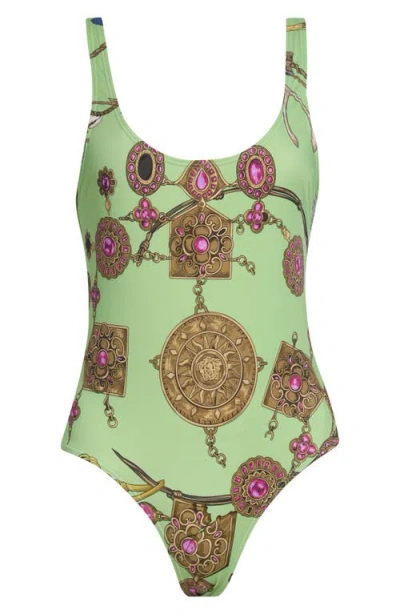 Versace Broken Jewels Print One-piece Swimsuit In Green