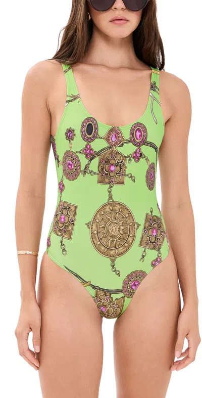 Versace Broken Jewels Print One-piece Swimsuit In Green