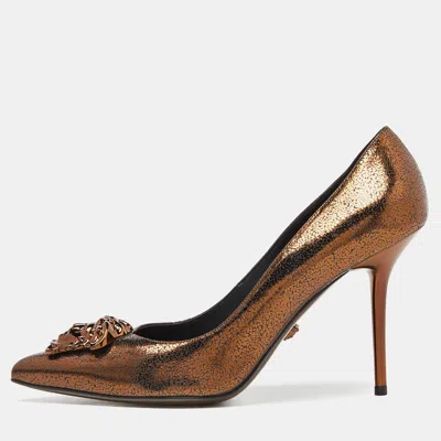 Pre-owned Versace Bronze Leather Medusa Pointed Toe Pumps Size 41 In Brown