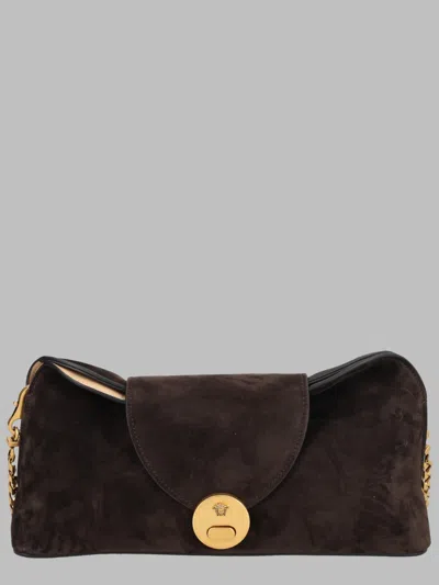 Versace Black Gold Chain Suede Leather Clutch In Brown