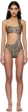 Versace Brown & Black Greca Border One-piece Swimsuit In 5n580-natural+black+