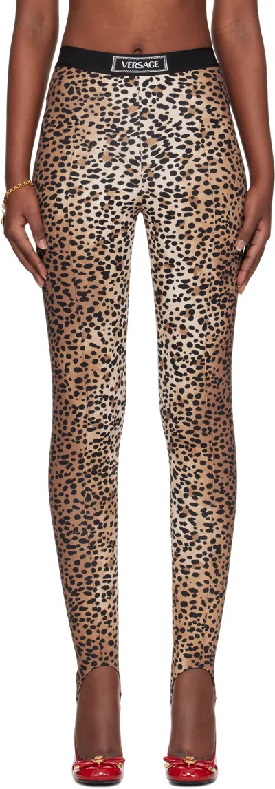 Versace Brown & Black Leopard Stirrup Leggings In 5n540-natural+black