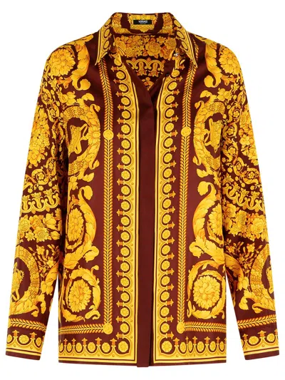 Versace Brown And Gold 'barocco' Silk Shirt In Multi