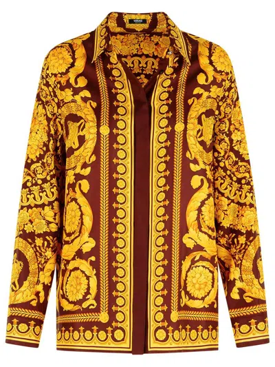 Versace Brown And Gold 'baroque' Silk Shirt In Red