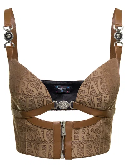 Versace Brown Bustier Top With Medusa And Cut-out In Canvas Woman In Beige