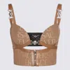 Versace Garden Monogram Patterned Crop Top With Clip Closure In Brown/beige