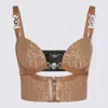 Versace Garden Monogram Patterned Crop Top With Clip Closure In Brown/beige