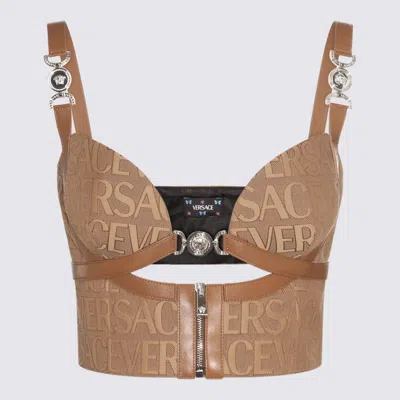 VERSACE VERSACE BROWN COTTON AND LEATHER TOP
