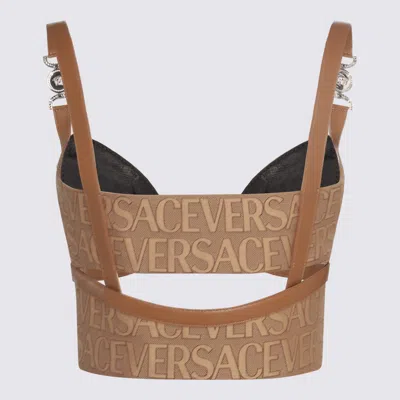 Versace Brown Cotton And Leather Top In Brown/beige