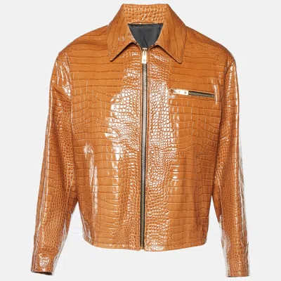 Pre-owned Versace Brown Crocodile Embossed Leather Jacket M