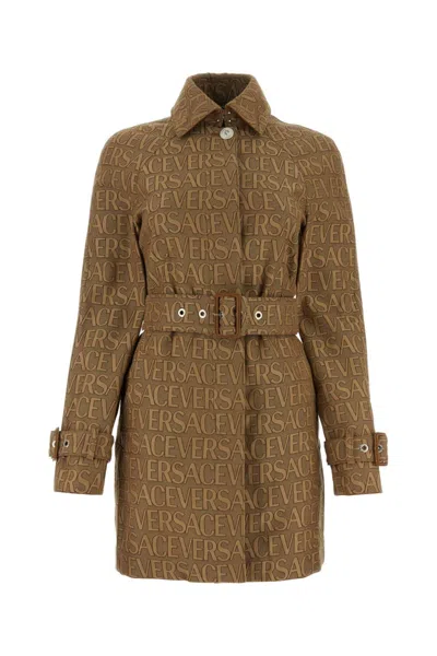 VERSACE WOMEN BROWN EMBROIDERED TRENCH COAT, S LUXURY TRENCH COATS FOR WOMEN DARVEYS