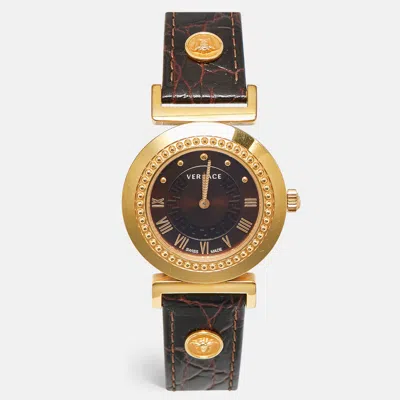 Pre-owned Versace Brown Gold Plated Stainless Steel Leather Vanity P5q Women's Wristwatch 35 Mm