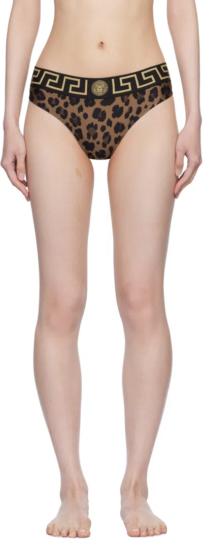 Versace Brown Greca Border Bikini Bottom In 5n440-chestnut+gold