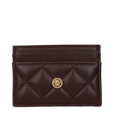 Versace Brown Leather Cardholder In Burgundy